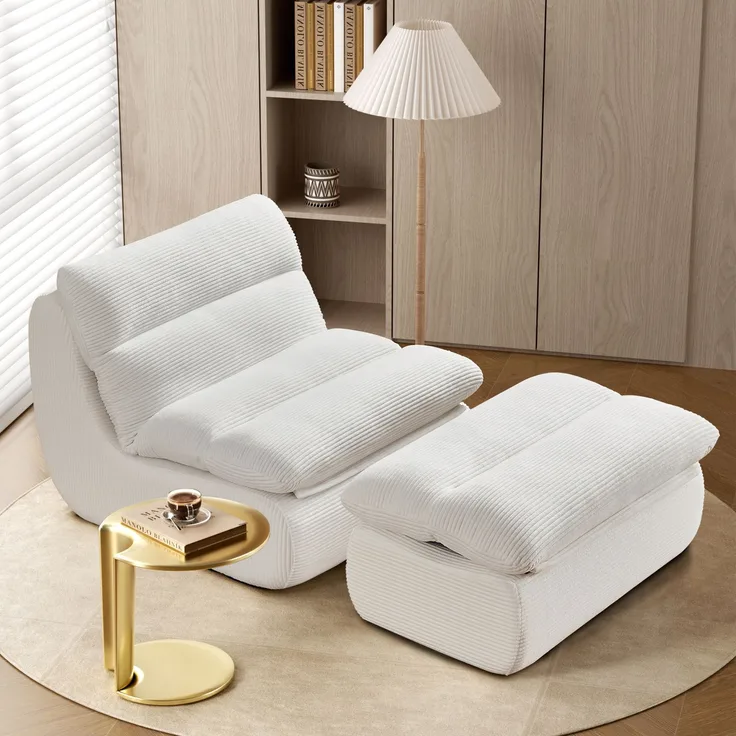 Beanbag Sofa aus Cord mit Fußhocker, 101x81x75 cm, Weiß