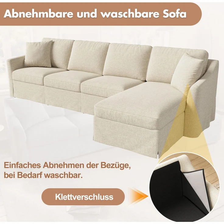 Ecksofa 274 x 128,5 x 83 cm mit Stauraum-Chaiselongue und waschbaren Bezügen, Beige – Bild 7