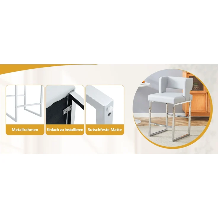 2 Sätze hellgrauer Nordic Windbar Stuhl, mit modernem quadratischem Design, silbernen Metallbeinen, leichtes und bequemes Set. Erfüllen Sie Ihre vielfältigen Bedürfnisse an Produkten.--Hellgrau, Silber--91.4x53.3x48cm--YOUDENOVA – Bild 2
