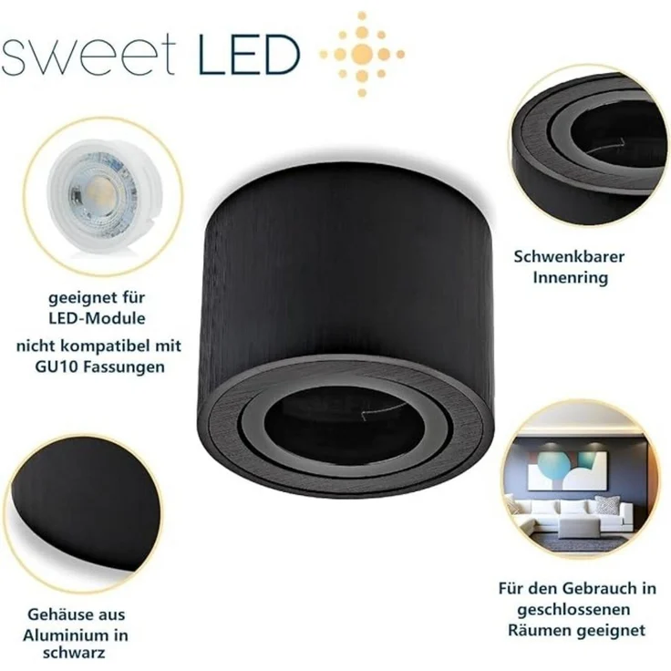 Sweet LED Aufbauleuchte 4er Set Aufbauspots flach 50mm Aluminium 230V schwarz, Aufbaustrahler LED, Aufbauspot, Deckenstrahler – Bild 3