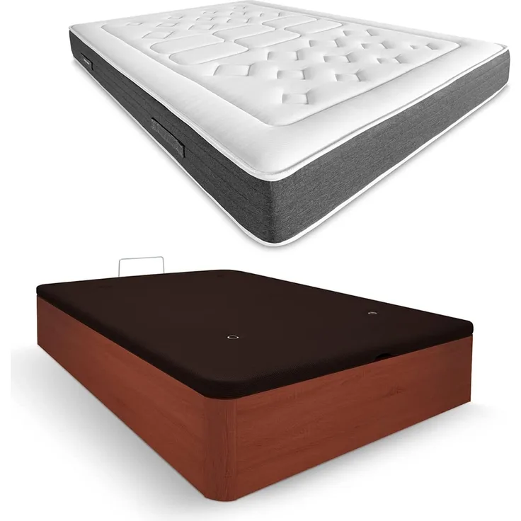 DUÉRMETE ONLINE - Packung viskoelastische Matratze Bio Nature Dicke 24 cm + Klappbett aus Holz, große Kapazität | Farbe Kirschrot 135x190