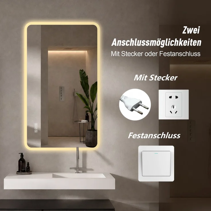 60×100cm LED Badezimmerspiegel mit Milchglasrand, Frontbeleuchtung, Anti-Beschlag, 3 Lichtfarben, Stufenlos Dimmbar, Memory-Funktion, Horizontal & Vertikal Montierbar, IP44 Wasserdicht--Silber--100x60x2.9cm--YOUDENOVA – Bild 8