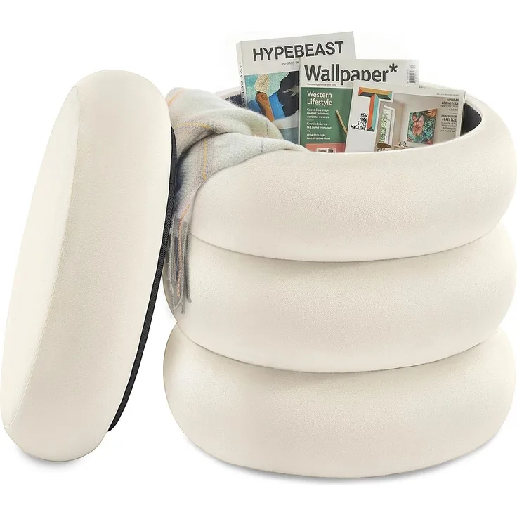 SONGMICS LOM018LH01 Schminktischhocker, rund, mit Aufbewahrung, gepolsterte Fußstütze, Abnehmbarer Deckel, Wohnzimmer, Schlafzimmer, Flur, einfach zu montieren, 43x47 cm, Samt, Cremeweiß