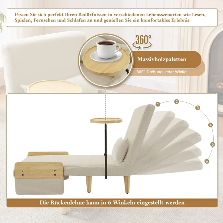 Verstellbarer Loungesessel mit 360° Holztablett, Leinen, 88x74,5x66 cm, Beige – Bild 6