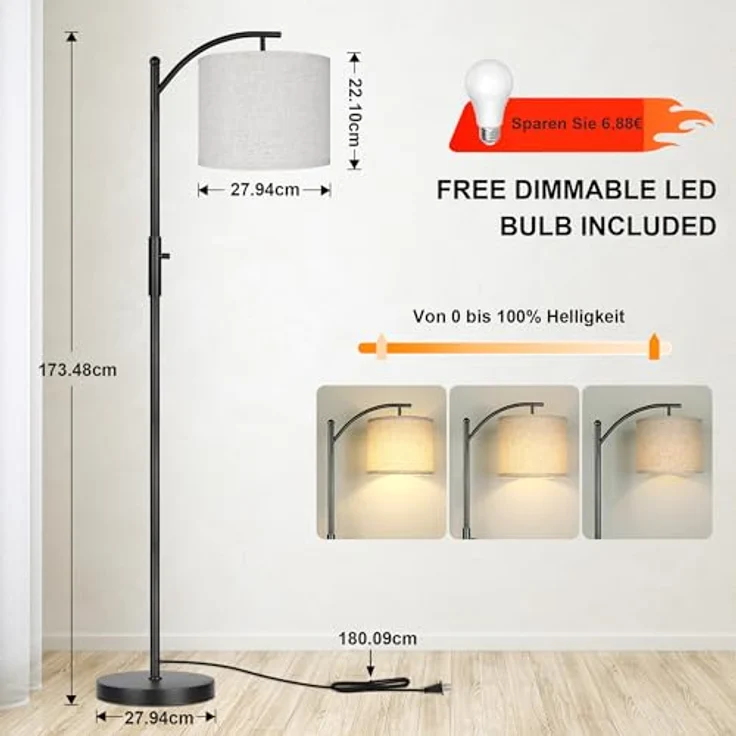 ROTTOGOON Dimmbare Stehleuchte Bogen Stehlampen für Wohnzimmer Stufenlos Dimmbare Moderne Stehlampe mit Leinenschirm Hohe Lampe für Schlafzimmer Büro Esszimmer- Schwarz – Bild 4