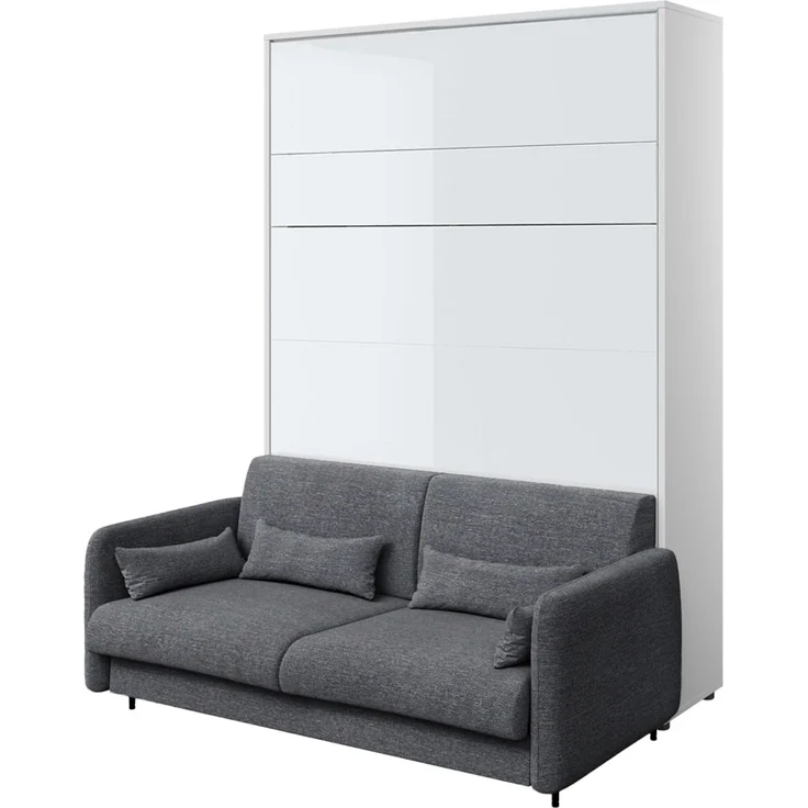 MEBLINI Schrankbett BC-12 - 160x200cm Vertikal - Weiß Hochglanz/Dunkelgrau - mit Sofa - Wandbett mit Lattenrost - Klappbett mit Schrank - Wandklappbett - Murphy Bed – Bild 1