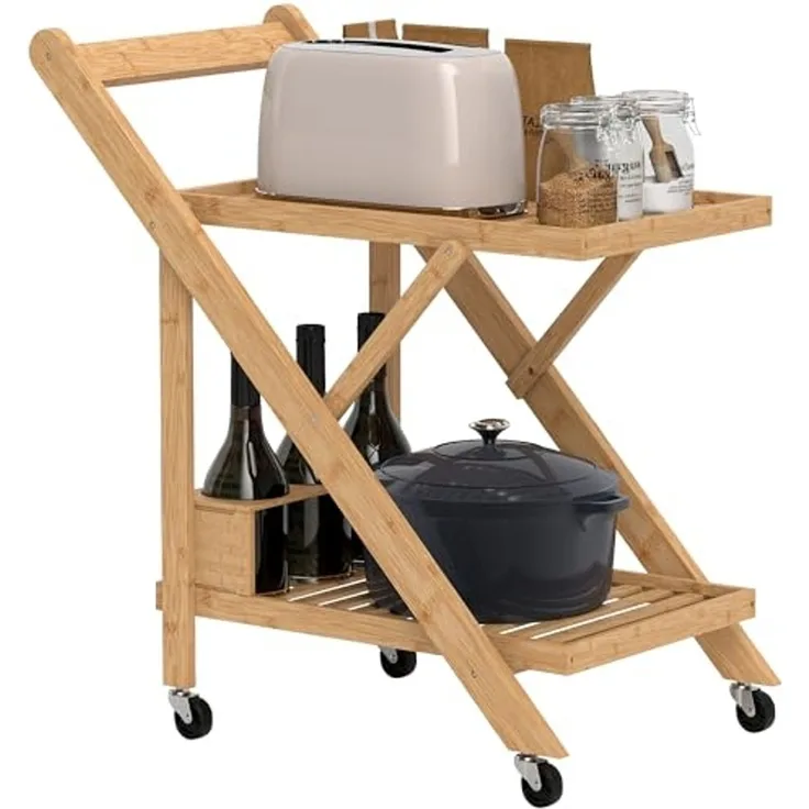 HOMCOM Servierwagen Küchenwagen mit Weinregal, Arbeitsplatte, 2 Ebenen, (Rollwagen, 1 St, Küchenwagen), für Büro, Küche, Wohnzimmer, 66 x 40 x 70 cm, Bambus, Natur