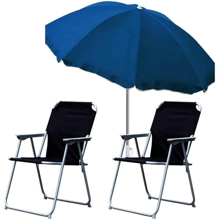 2x Campingstuhl Klappstuhl Schwarz + Sonnenschirm Ø180cm Dunkelblau