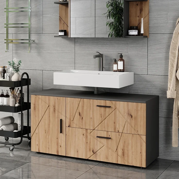 Waschbeckenunterschrank Irma Anthrazit/Artisan 120.1 x 60.6 cm mit 2 Schubladen und 1 Tür Vicco – Bild 3