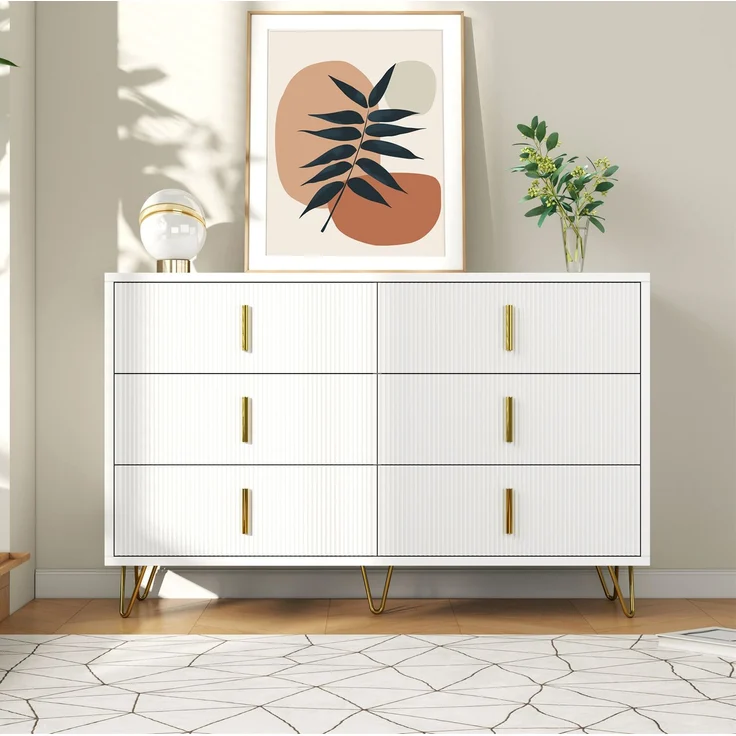 DESVIAE Sideboard mit 6 Schubladen, 120x77x40 cm, aus Spanplatte, Weiß/Gold – Bild 4