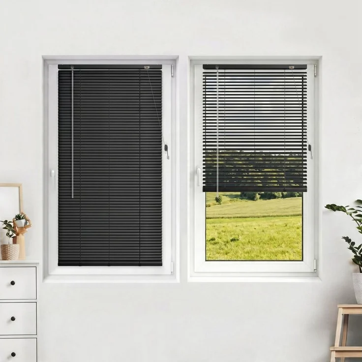 Victoria M. Jalousie Aluminium Jalousie, 40 x 130 cm, schwarz matt, mit Bohrenohne Bohren, freihängend, Sicht- Licht- und Blendschutz, inkl. Klemmclips – Bild 1
