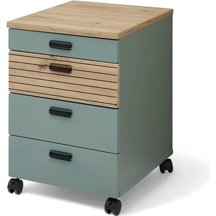 Stella Trading Glenn Rollcontainer Schreibtisch in Schilfgrün, Artisan Eiche Optik - Mobiler Büroschrank mit Schubladen - 45 x 66 x 55 cm (B/H/T) – Bild 2