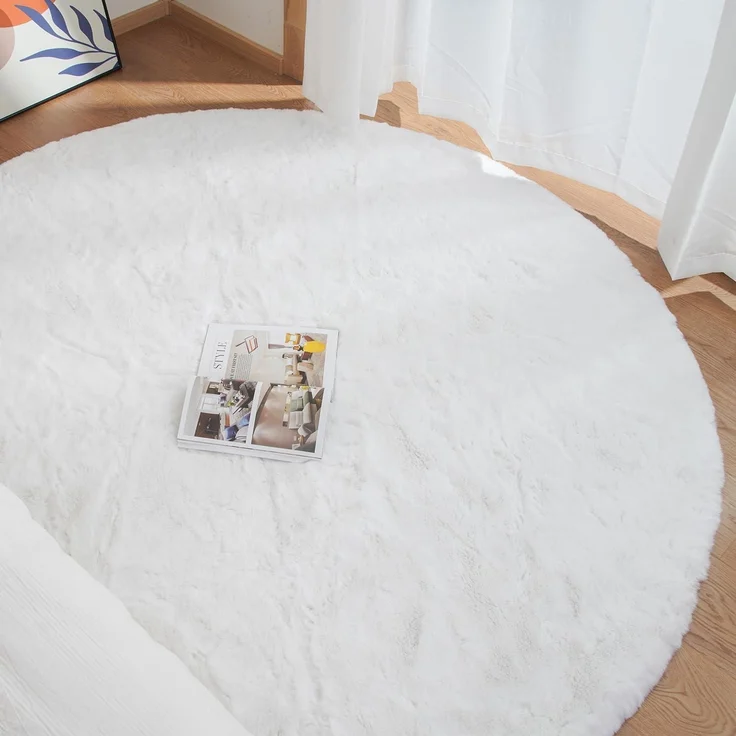 Teppich Fellteppich Kunstfell waschbar Wohnzimmer 90 cm (Rund) Weiß – Bild 4