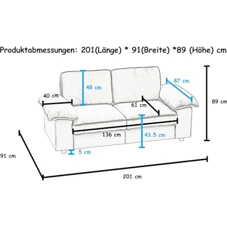 Ball & Cast 2 Sitzer Sofa mit Schlaffunktion - Couch mit Stauraum unter dem Sitz, 201 x 89 x 91 cm (BxHxT), Komfortabel für Moderne Wohnzimmer, Grau – Bild 2