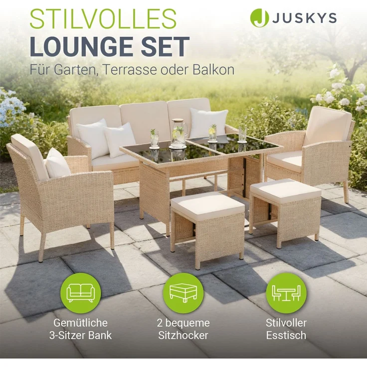 Juskys Polyrattan Gartenmöbel Sitzgruppe Turin Set 6 teilig inkl. Abdeckung - 7 Personen - Outdoor Möbel mit Sessel, Hocker, Tisch & Kissen - Garten Loungemöbel Creme / Sand – Bild 6