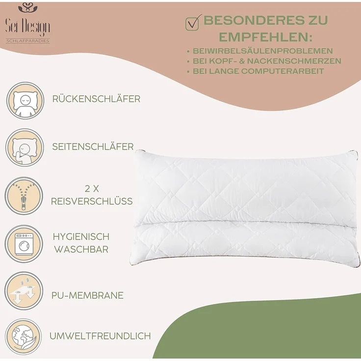 SEI Design Kopfkissen 40x80 mit Nackenrolle aus Buchweizenschalen, Bezug: 100% Polyester, Rückenschläfer, Seitenschläfer, gesteppt mit Nackenrolle – Bild 5