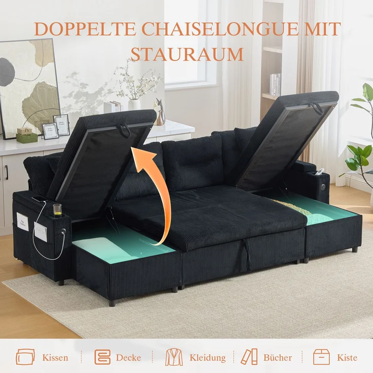 Flieks 4-Sitzer Schlafsofa aus Samt, mit beidseitigen Chaiselongues, Stauraum, Seitentasche, Getränkehaltern und USB-Anschlüssen, Schwarz – Bild 3