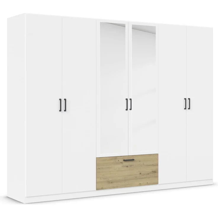 Rauch Möbel Bari, Drehtürenschrank, 6-türig, Kleiderschrank Weiß/Eiche Artisan, 1 Schublade, mit Spiegel, 271 x 210 x 54 cm