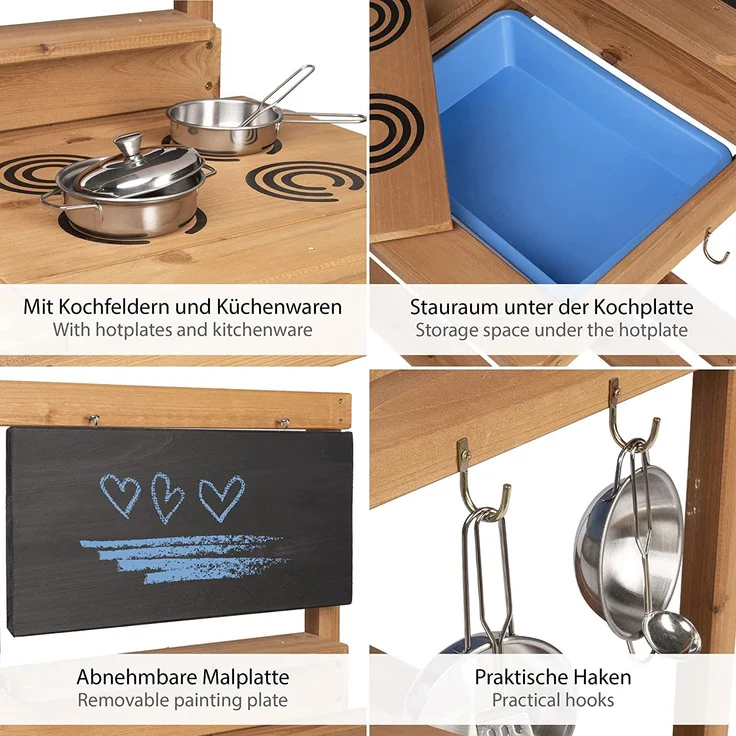 ONVAYA® Matschküche Braun Spielzeug-Gartenset »Matschküche aus Holz, Outdoor Spielküche mit Waschbecken und schwarzer Tafel, Inklusive Stauraum in der Kinderküche für Draußen – Bild 4
