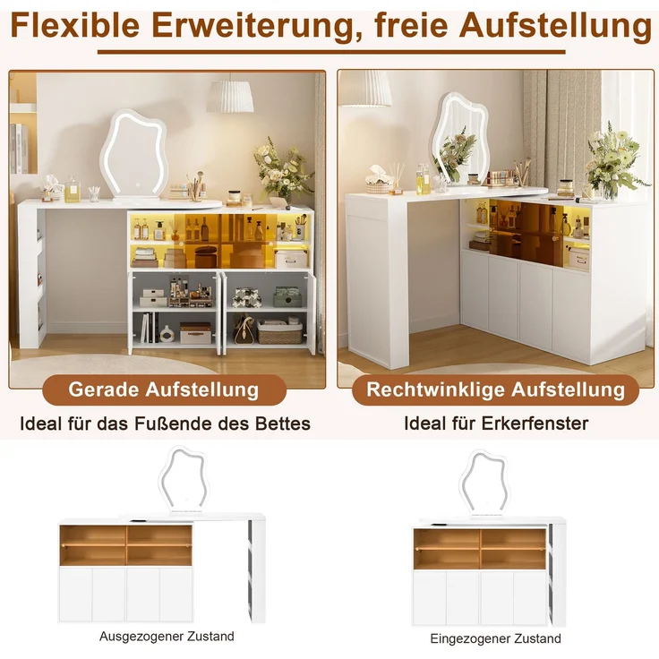 Drehbarer Schminktisch mit LED-Spiegel & Stauraum, 177x40x131,5 cm, Weiß – Bild 8