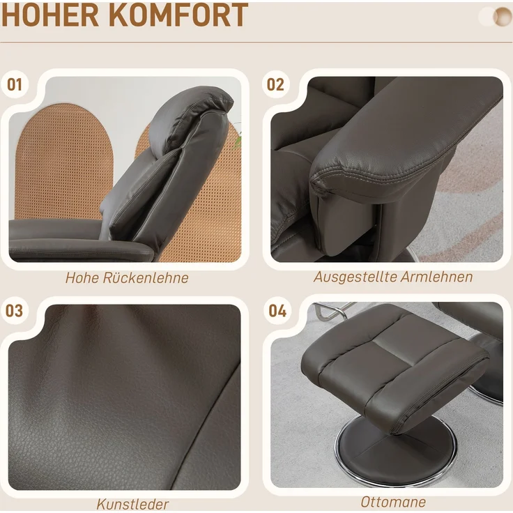Relaxsessel mit Hocker, Rückenlehne verstellbar, Kunstleder, bis 150 kg, Grau--Grau--81x95x107cm--YOUDENOVA – Bild 8