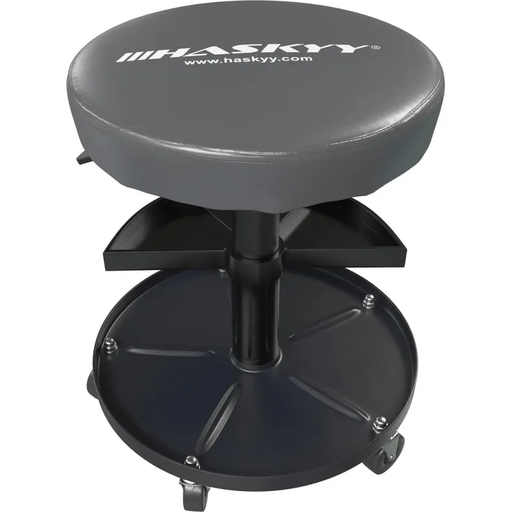 Haskyy Werkstatthocker Rollhocker | Höhe 430-580mm I Sitz Geleinlage | Werkstatt-Arbeits-Hocker-Stuhl-Sitz I 135kg | ø40 cm | 2 Ablagen I Grau