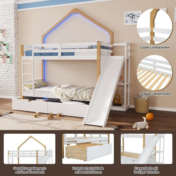 Merax Etagenbett, 90x200cm, Holz Hochbett mit Schubladen und Rutsche, Leiter und Regal – Bild 2