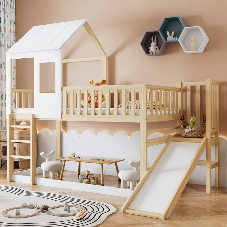 Merax Etagenbett mit rechtwinkliger Leiter und Rutsche, Hausbett mit Dach und Fenster, Kinderbett mit Fallschutz und Gitter, Rahmen aus Kiefer, Natur+Weiß (90x200cm) – Bild 2