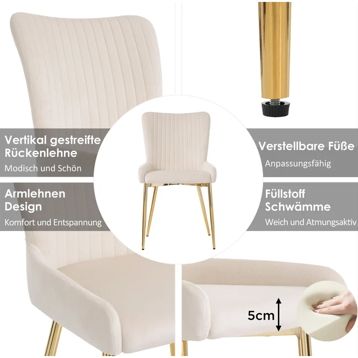 Esszimmerstuhl 4er-Set, Samt mit Metallgestell, 85x43x47, Beige/Gold, 150 kg pro Stuhl – Bild 9