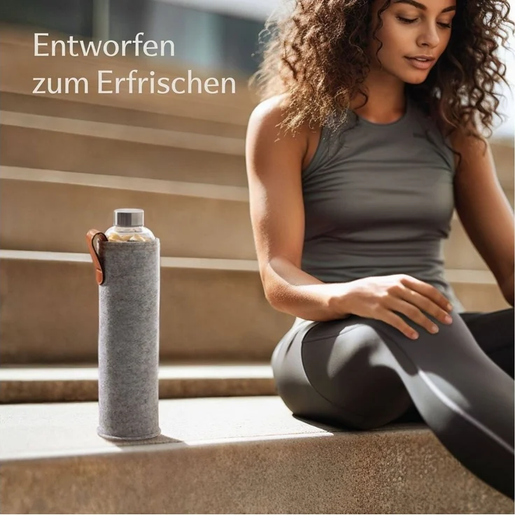 Cosumy Trinkflasche Trinkflasche aus Glas mit Filzbeutel 750ml - Spülmaschinenfest, Hellgrau - BPA-freie Wasserflasche - für Kohlensäure geeignet – Bild 3