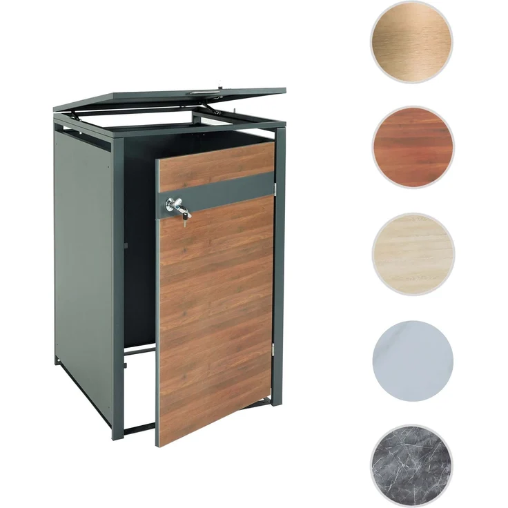 1er Mülltonnenverkleidung HWC-J82, Mülltonnenbox, erweiterbar, Metall 32kg, anthrazit ~ Kirsche-Holzoptik dunkelbraun – Bild 10