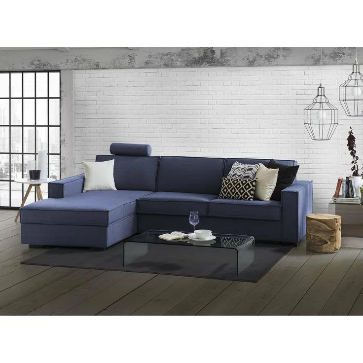 Talamo Italia Ecksofa Beatrice, Made in Italy, Drehbare Öffnung mit Matratze und Lattenrost, Halbinsel mit Stauraum links, mit schmalen Armlehnen, Cm: 260x95h90, Farbe Blau