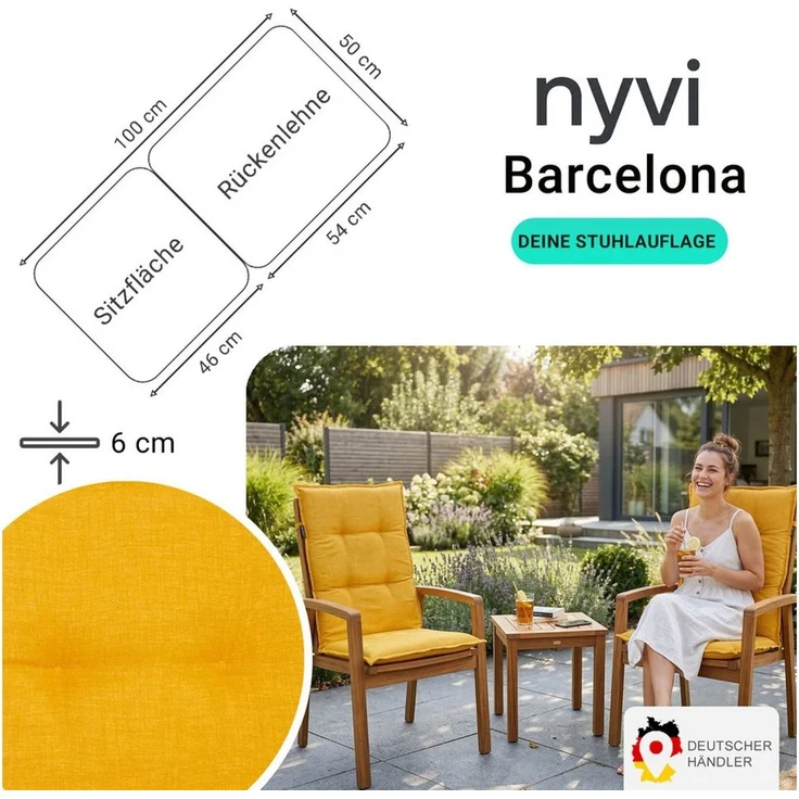 NYVI Sitzauflage Niedriglehner Auflagen 6er Set Barcelona Gartenstuhlauflagen 100x50cm, (6 St), Niederlehner Stuhlauflage Sitzauflage mit Halteband – Bild 1