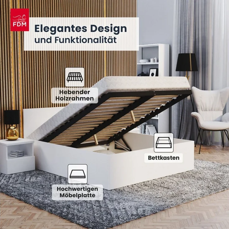 FDM Stauraumbett Bett Stauraumbett PANAMA SP Bettgestell 140x200 & weitere Größen (verfügbar 90x200 120x200 140x200 160x200 180x200cm, Bettrahmen, Bett, mit großen Kopfteil, mit Bettkasten zum aufklappen), mit/ohne Matratze – Bild 2