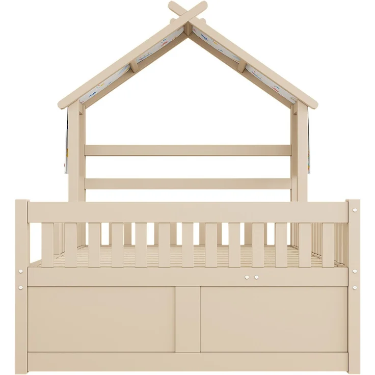 Hausbett mit Ausziehbett, Schubladen, Lattenrost, Zaun und Dach, 140x200 cm, Kinderbett mit Rausfallschutz, Kiefer – Bild 7