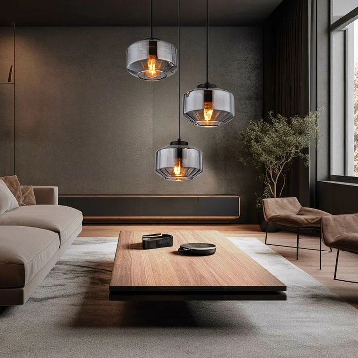 Hängeleuchte, 3-flammig, Metall Glas, schwarz rauch, H 120cm – Bild 4