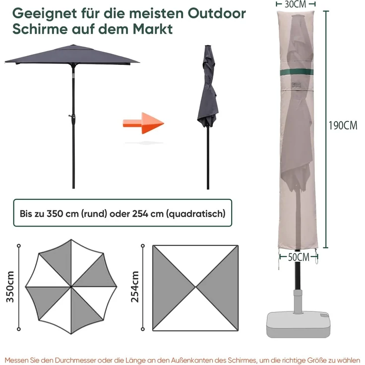Sekey Sonnenschirm-Schutzhülle Modernes Design Schutzhülle Sonnenschirm Schutzhaube Ampelschirm, 190 x 30/50 cm für Ø 350 cm / 300 x 200 cm Marktschirm – Bild 2