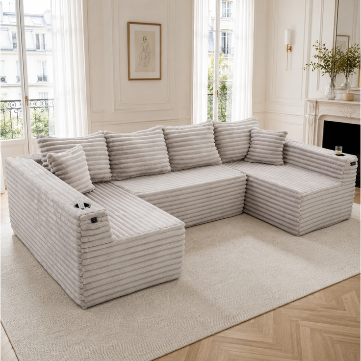 U-Form-Sofa aus Cord mit Getränkehalter & Seitentasche, 320x155x88 cm, Hellgrau – Bild 3