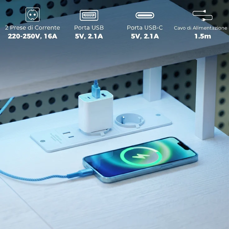 Wendbarer Computertisch mit Ablagen, 120 x 50 cm, mit Steckdosen und LED-Beleuchtung, Weiß in Holzoptik – Bild 6