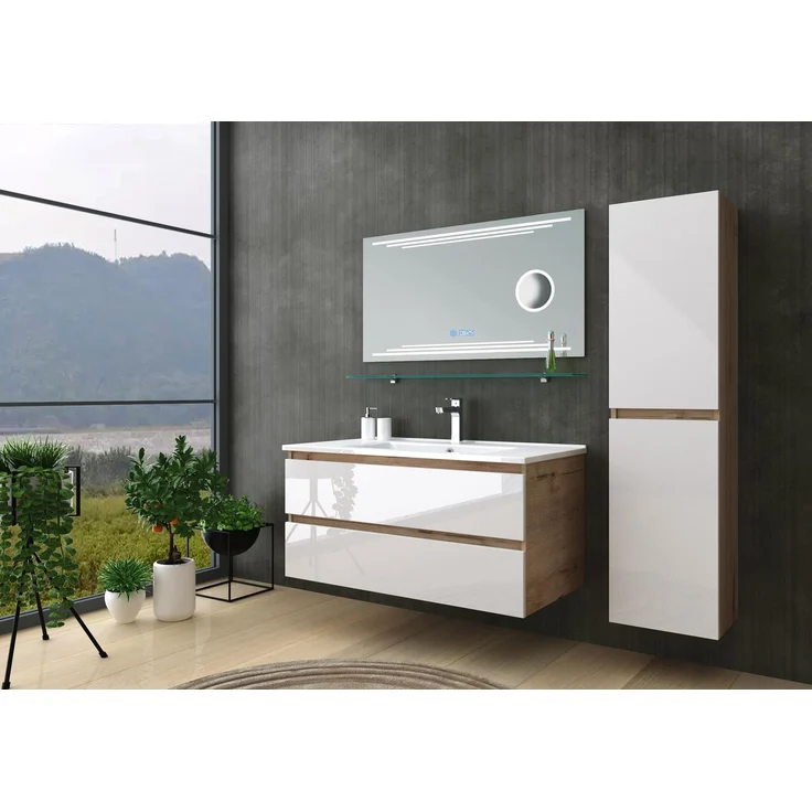 Homeline Badmöbel Set Eiche/Weiß Leonard Hochglanz 90 cm Spiegel incl LED (90, 5, 1x Seitenschränke) – Bild 1