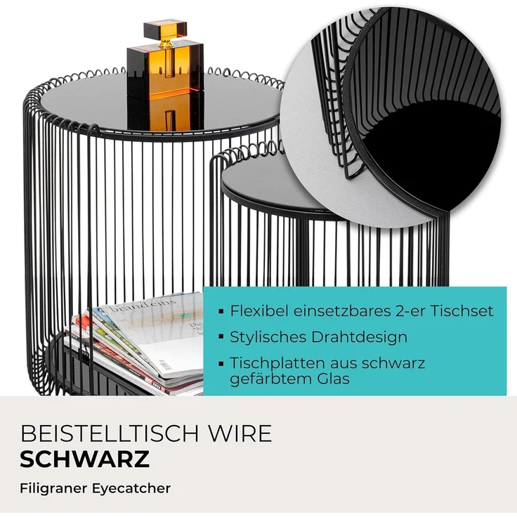 KARE Design Beistelltisch Wire Double Schwarz 2er Set Modern Stahl Glas Geschenkidee Sofa Runder Nachttisch Raumdekor Wohnkultur Wohnzimmer Büro 46 x 45 x 45 cm 43 x 33 x 33 cm (H/B/T) – Bild 4