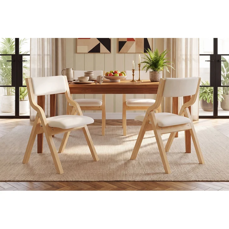 4 klappbare Esszimmerstühle, Esszimmerstühle aus Massivholz, bequem und atmungsaktiv, faltbar und verstaubar, geeignet für Esszimmer, Wohnzimmer, Café, moderner Stil, Leinen, Beige – Bild 15
