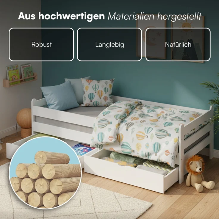 Bellabino 'Kuru' Kinderbett 90x200 cm mit 2 Schubladen, weiß, Jugendbett mit Rausfallschutz und Lattenrost – Bild 6