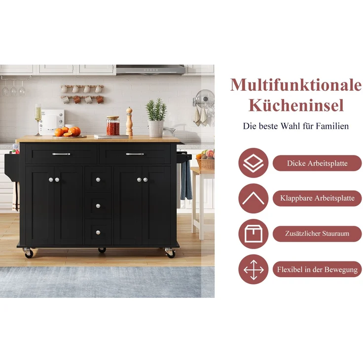 Küchenwagen mit ausklappbarer Arbeitsplatte & Stauraum, 140x40/65x89 cm, Schwarz/Natur – Bild 6