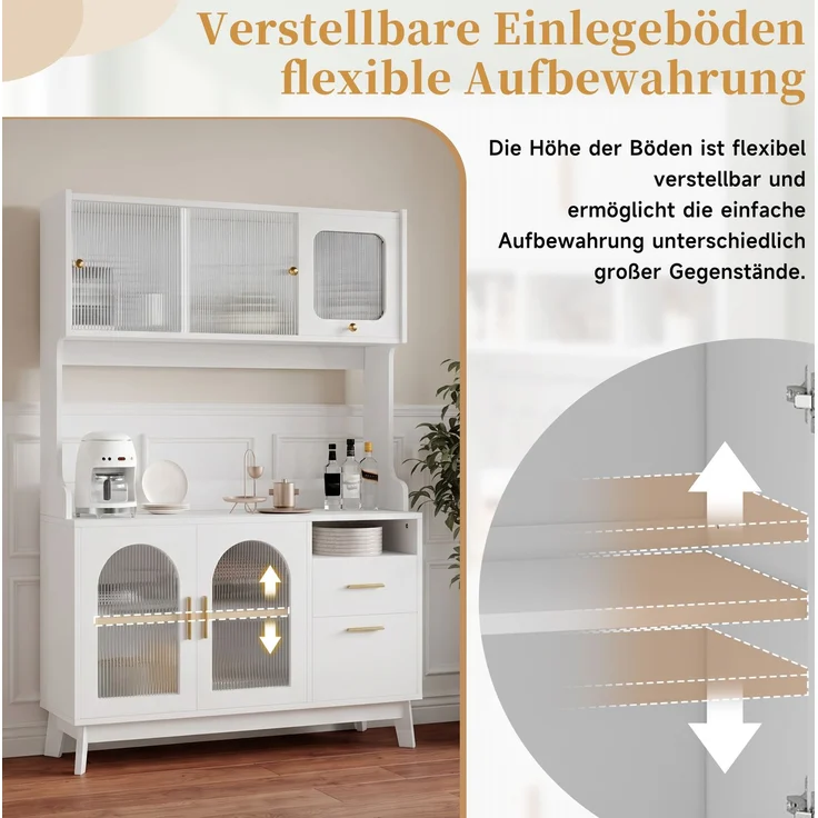 Hochschrank 120 x 40 x 178 cm mit Steckdosen, USB-A/USB-C und Acrylglasfront – weißer Buffetschrank aus Spanplatte – Bild 8