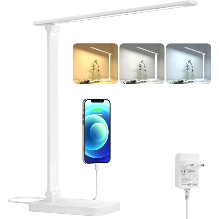 Lepro Schreibtischlampe, LED Tischlampe Dimmbar, Nachttischlampe 800LM 3 Farben und 5 Helligkeitsstufen, Tageslichtlampe Augenschutz, Tischleuchte, Schreibtisch Lampe für Kinder, Büro, Weiß – Bild 1