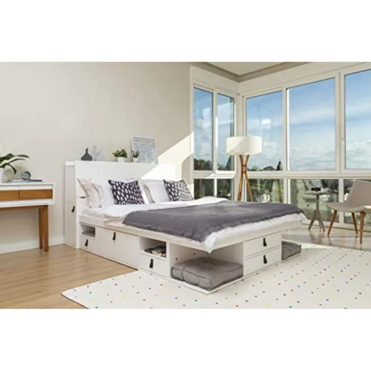 Funktionsbett Bali 160x200 Weiss - Schrankbett mit viel Stauraum u. Schubladen, optimal für kleine Schlafzimmer - Bett mit Aufbewahrung aus MDF Weiss lackiert – Schubladenbett inkl Lattenrost