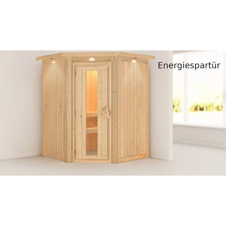 Karibu Sauna Larin mit Dachkranz + 9kW Saunaofen mit integrierter Steuerung Energiespartür – Bild 4