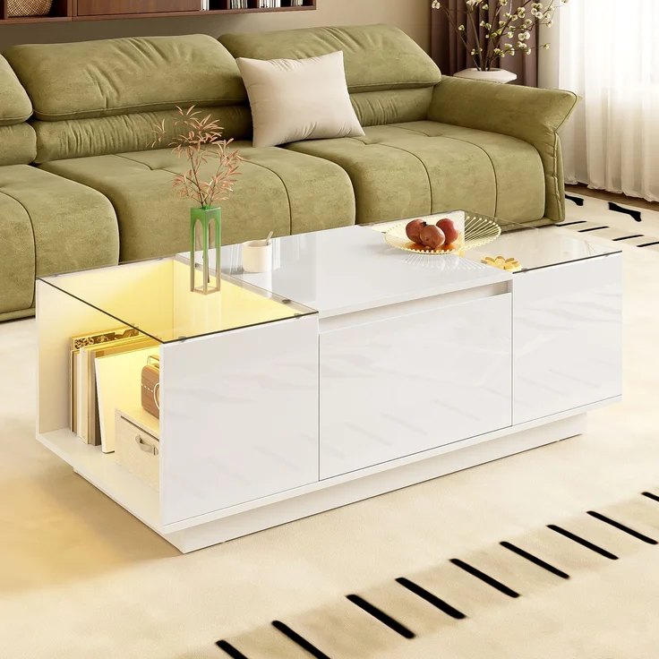 LED-Couchtisch 105×50×35 cm Weiß Hochglanz Tisch mit Glasplatten, LED-Beleuchtung steuerbar via Bluetooth und App – Bild 3