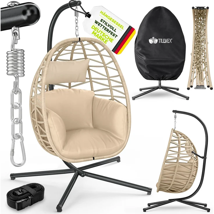 tillvex® Hängesessel mit Gestell Outdoor & wetterfester Abdeckung inkl. Befestigung | Hängekorb klappbar bis 150 kg | Hängesitz aus Rattan | Hängestuhl für Indoor Garten Balkon Terrasse – Bild 6